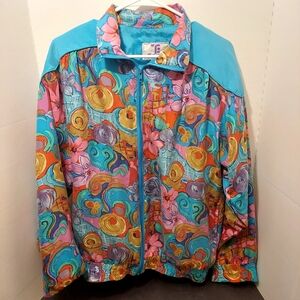 Oleg Cassini 100% Silk Windbreaker Jacket All Over Geometric Floral Pattern Blue